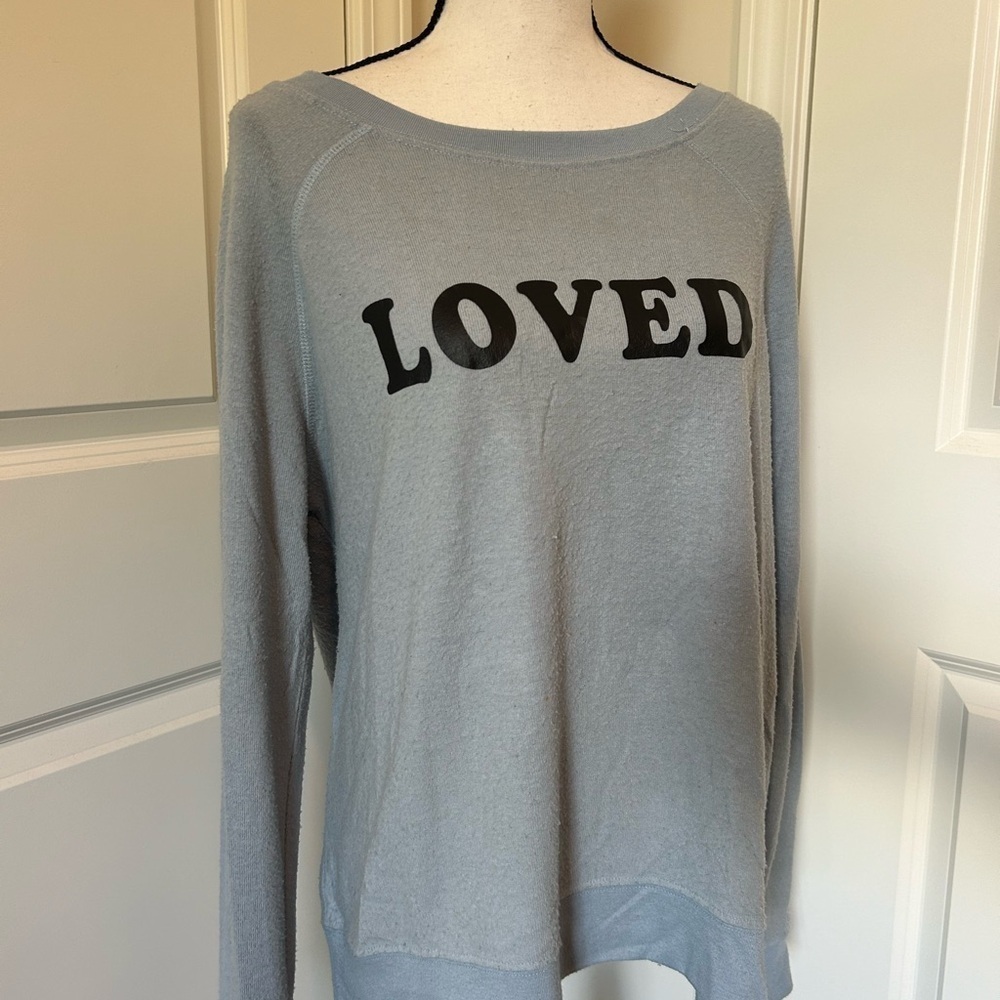 Light blue “loved” graphic crew neck long sleeve sweater top - Picture 2 of 6
